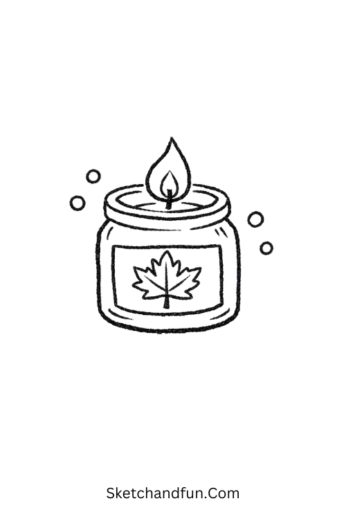 Fall candle drawing with a maple leaf label and tiny flame