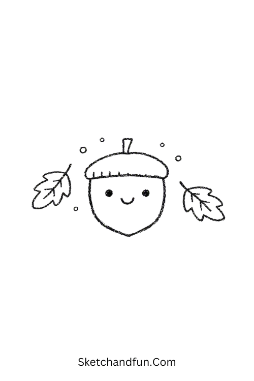 Leafy acorn drawing with falling autumn leaves
