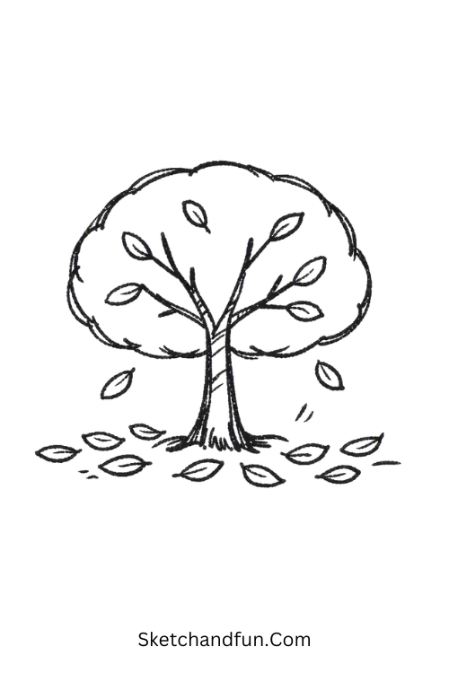 Fall tree doodle drawing with falling autumn leaves