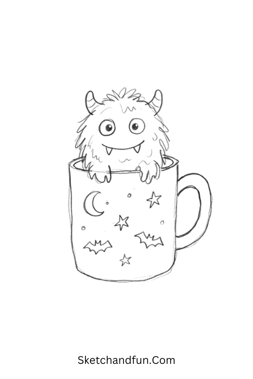 Fanged monster mug Halloween drawing with messy fur and a grin