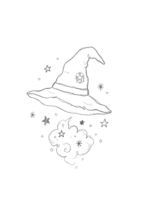 Floating witch hat drawing with magical stars and smoke