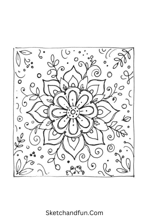 Floral mandala Zentangle tile with layered petals, vines, dots, and intricate repeating patterns