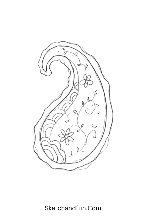 Floral Zentangle paisley pattern with layered petals, vines, leaves, and tiny flowers