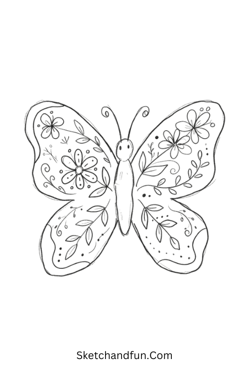 Floral Zentangle butterfly with tiny flowers, leaves, vines, and detailed wing patterns