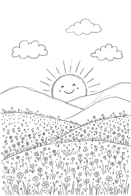 Flower Meadow Landscape Drawing