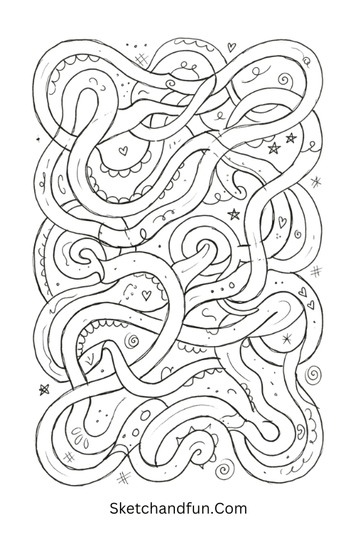 Flowing ribbon maze Zentangle abstract art drawing with twisting bands and intricate patterns