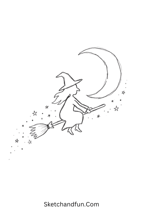 Flying Witch Silhouette Drawing on a crescent moon with trailing stars