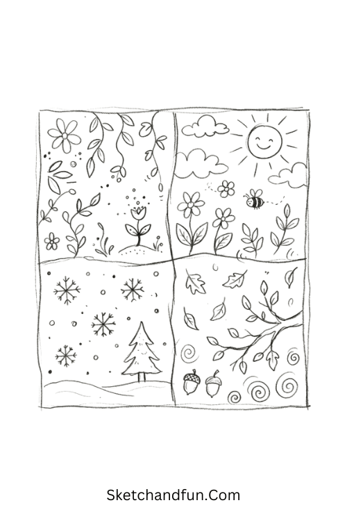 Four-season Zentangle tile featuring spring flowers, summer sun, autumn leaves, winter snowflakes, and intricate patterns