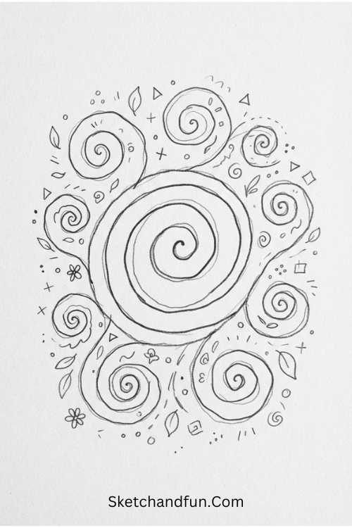 Fractal spiral garden Zentangle abstract art drawing with large and small spirals, leaves, dots, and curves