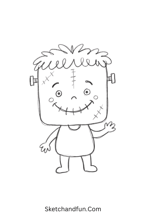 Cute Frankenstein monster Halloween drawing with stitches and bolts