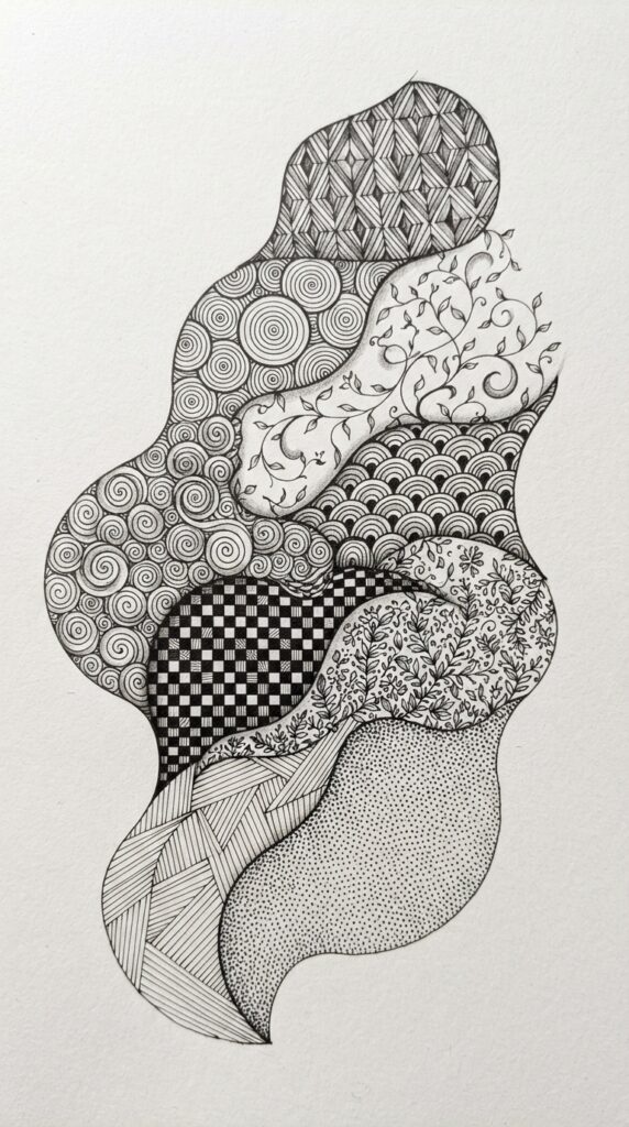 Zen doodle art combining geometric and organic Zentangle patterns