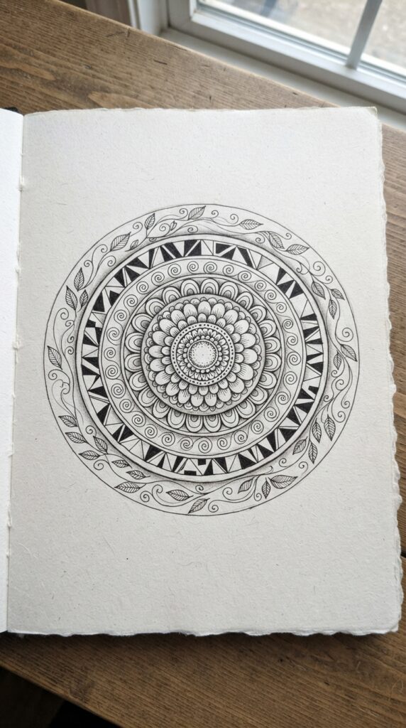 Circular Zen drawing with petals, spirals, dots, and geometric patterns