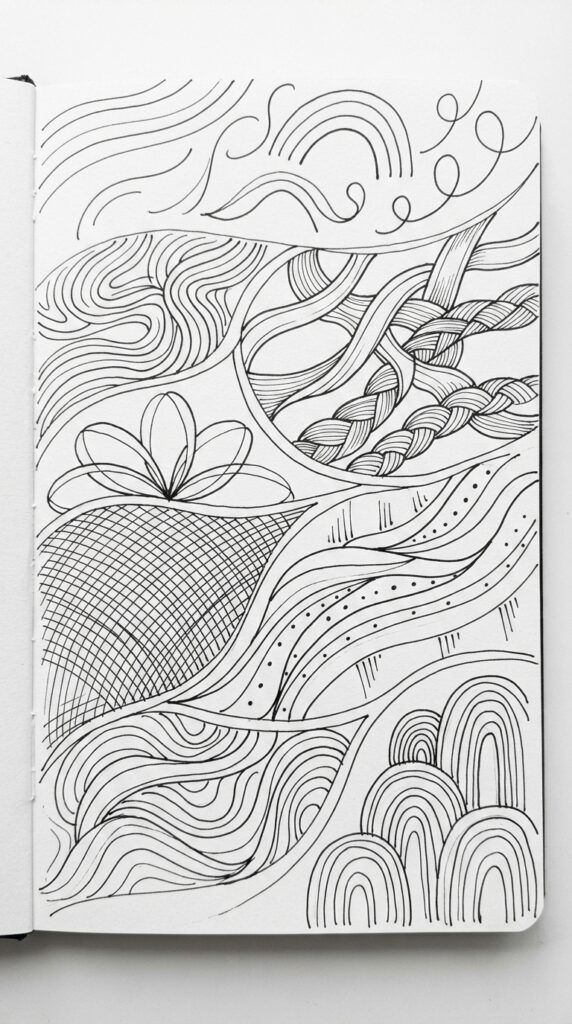Zen doodle pattern with simple flowing lines, curves, loops, and arches