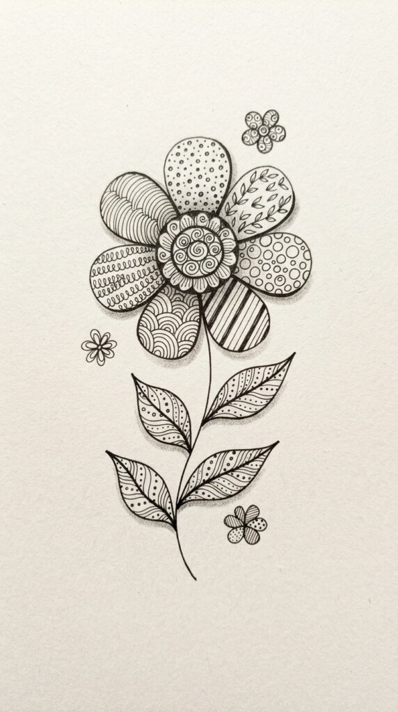 Zentangle flower doodle with patterned petals, leaves, and curved stems