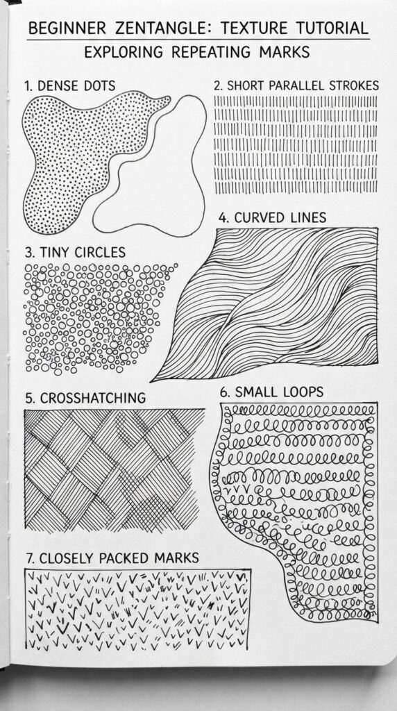 Zen doodle art with dots, strokes, loops, and textured Zentangle patterns