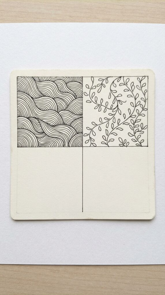 Zentangle tile with curved and leaf patterns