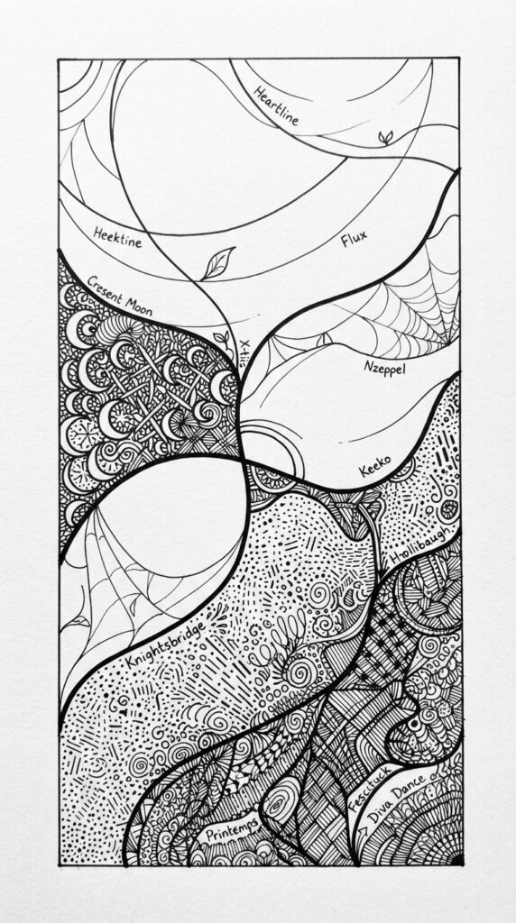 Layered Zentangle art combining curves, dots, loops, stripes, and shapes