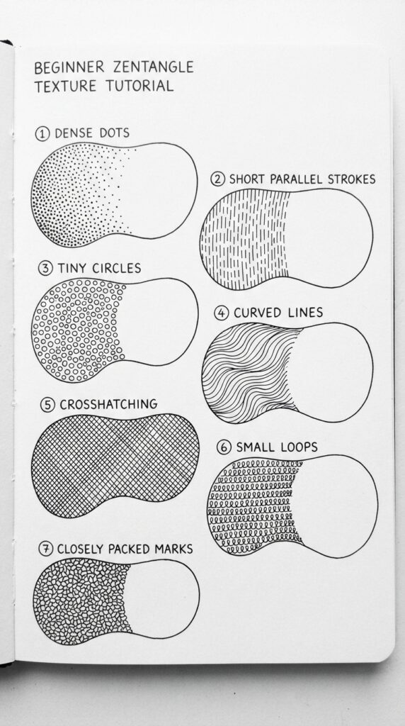 Doodle Zentangle patterns using repeating spirals, arches, leaves, and circles