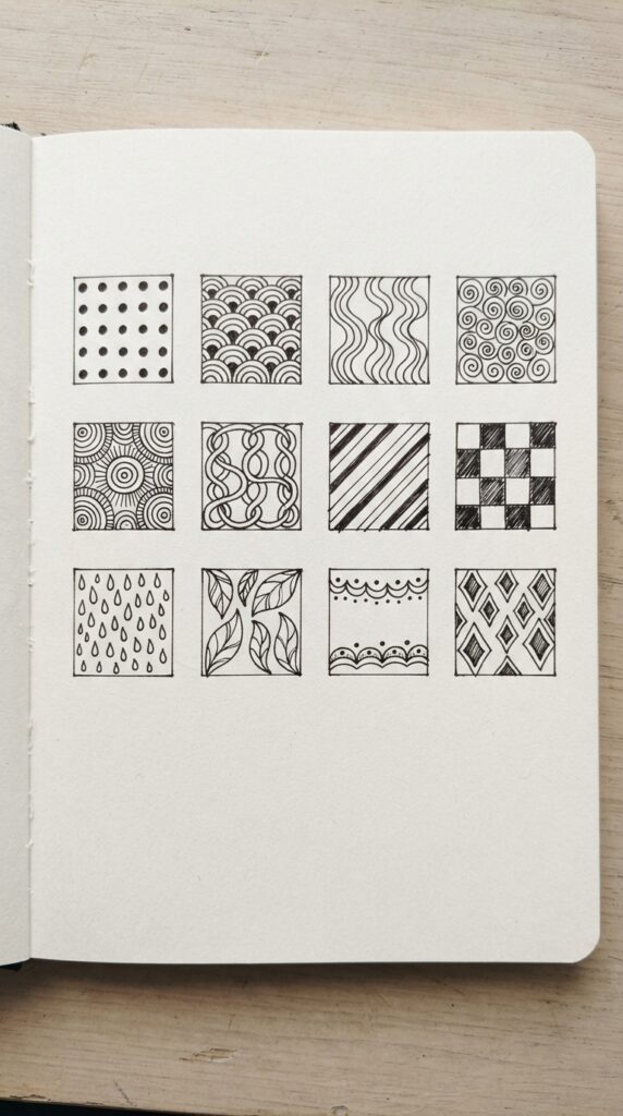 Beginner Zentangle pattern practice sheet with simple repeating designs