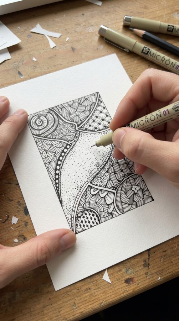 Adding tiny details to Zentangle doodle sections