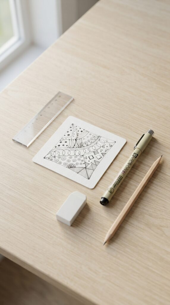 Zentangle doodle with simple dots, spirals, loops, and geometric patterns