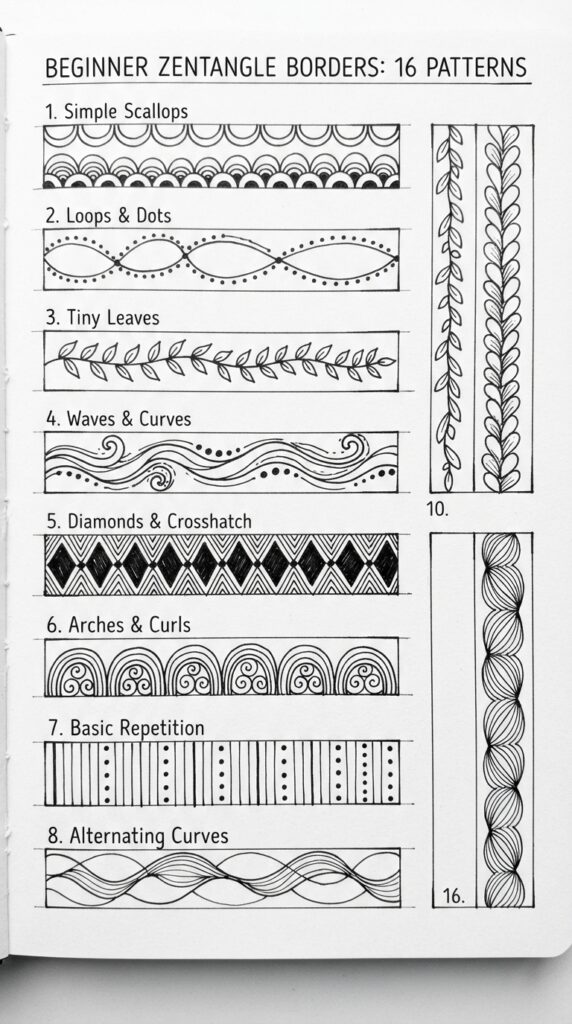 Zentangle border patterns with repeating leaves, loops, dots, and arches