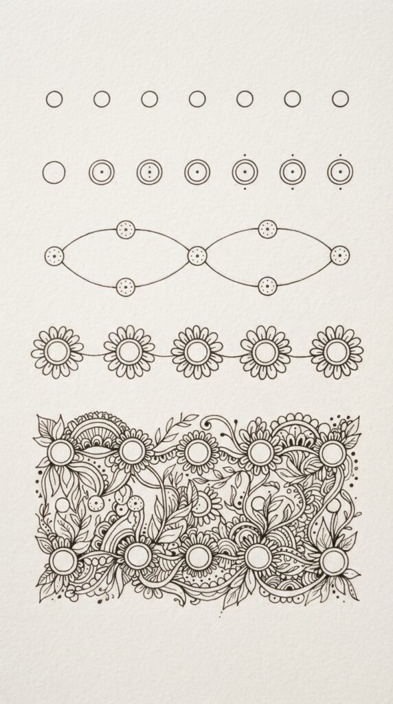 Zen doodle pattern built from circles, loops, leaves, and curved lines