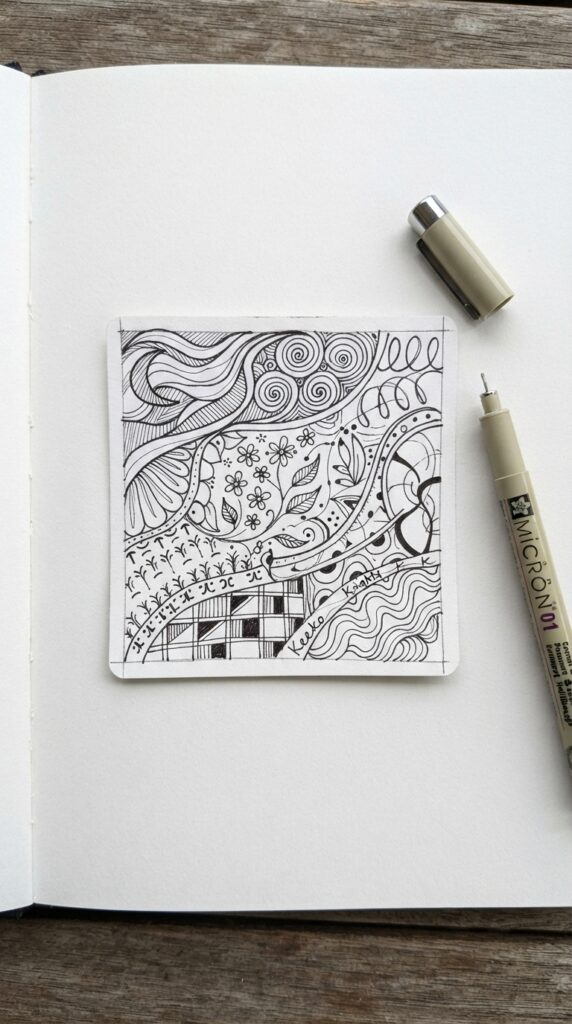 Finished Zentangle tile with simple Zentangle patterns