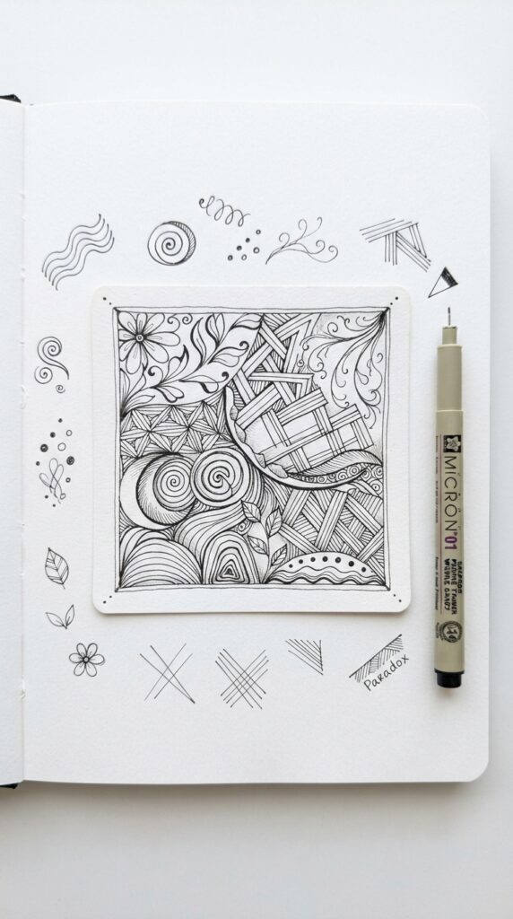 Zentangle tile with simple black and white patterns