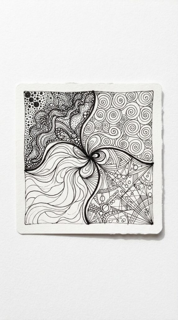 Zentangle tile with dense and light patterns