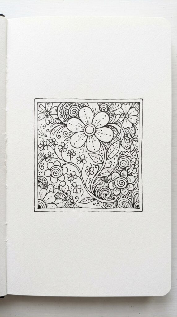 Zentangle flower doodles on a Zentangle tile