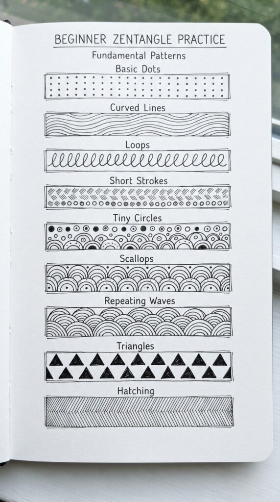 Simple Zentangle patterns for beginners with dots, lines, loops, and curves