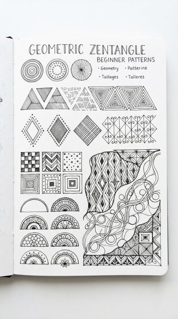 Zen drawings with simple geometric shapes, circles, triangles, and diamonds