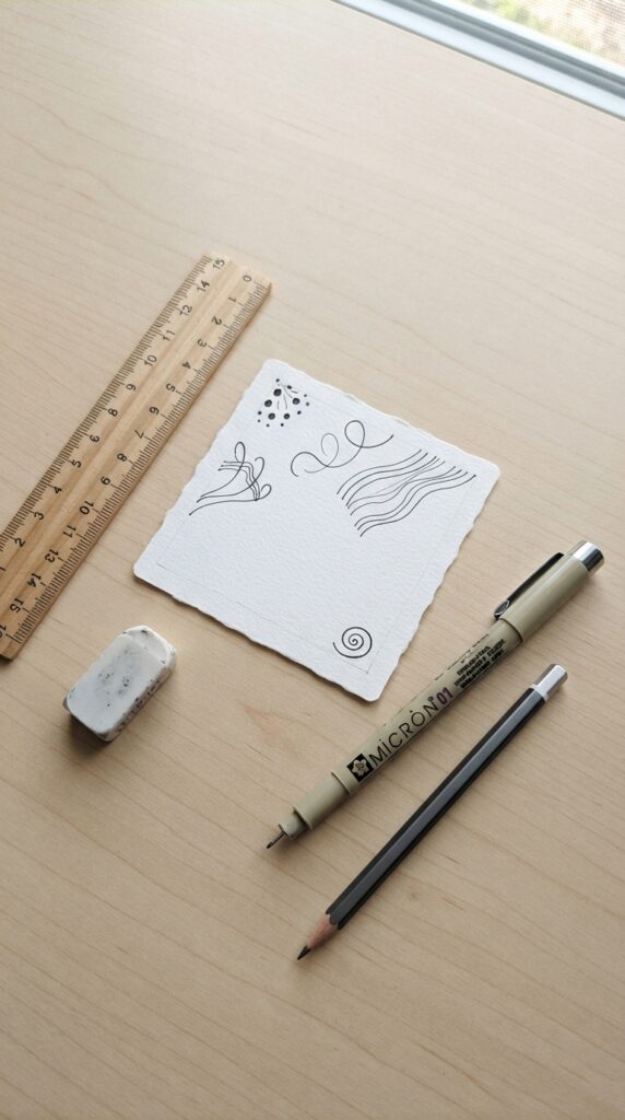 Zentangle tile supplies with pen, pencil, eraser, and paper