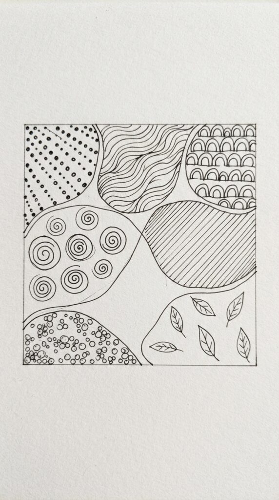 Zentangle art divided into sections with different beginner patterns