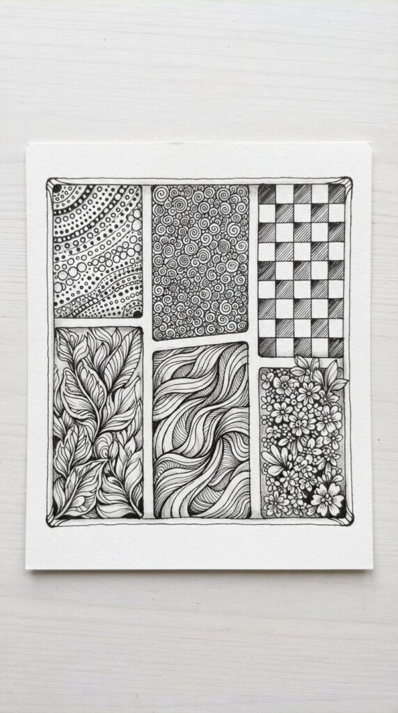 Zentangle tile with multiple easy doodle patterns