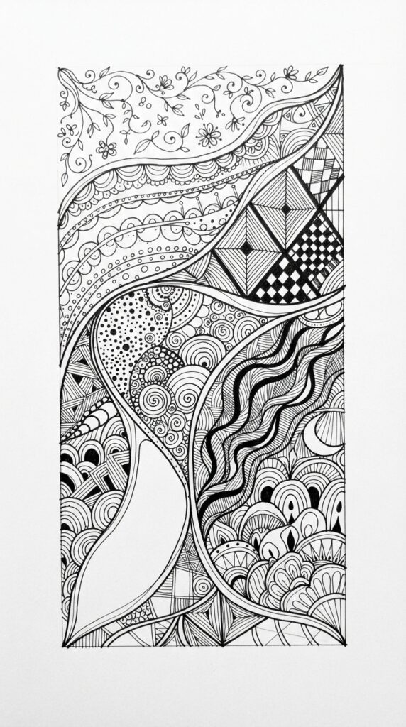 Zentangle contrast using dense patterns, light lines, and open white space