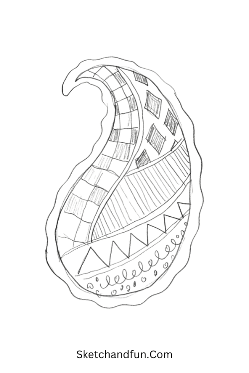 Geometric Zentangle paisley pattern with checkerboards, diamonds, triangles, and parallel lines