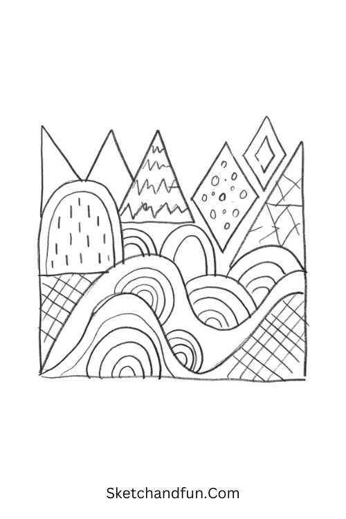 Geometric wave garden Zentangle abstract art drawing with triangles, diamonds, arches, waves, and patterns