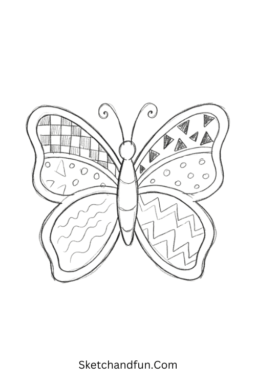 Geometric Zentangle butterfly with checkerboards, triangles, circles, waves, and patterned wings