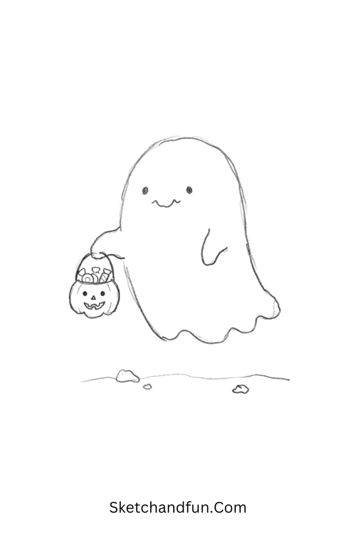 Ghost holding a candy bucket Halloween doodle drawing