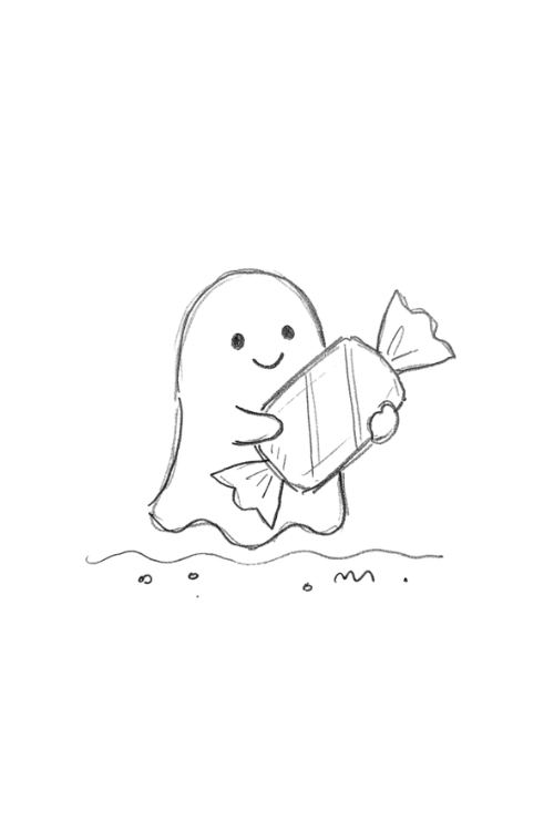 Ghost holding candy drawing with a cute Halloween theme