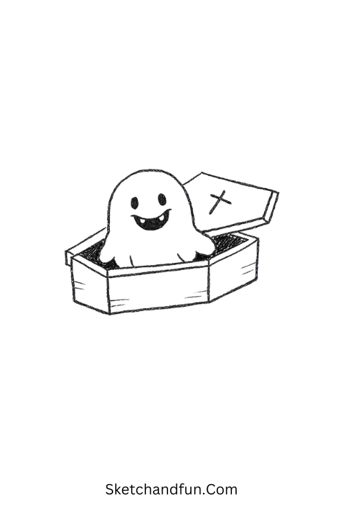 Ghost peeking from a coffin drawing with a cute spooky grin