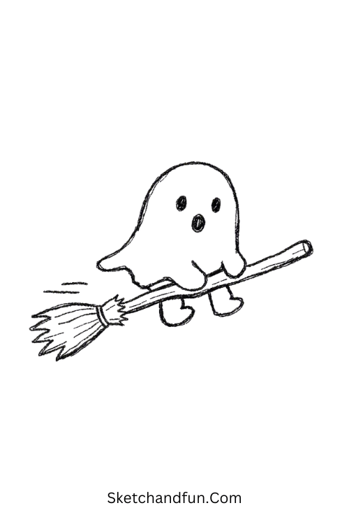 Ghost riding a broom drawing with a cute floating spooky character