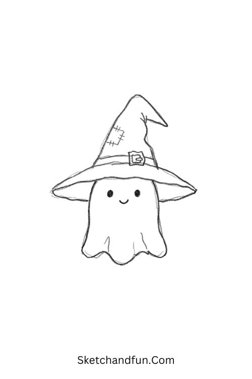 Ghost under a witch hat Halloween doodle drawing