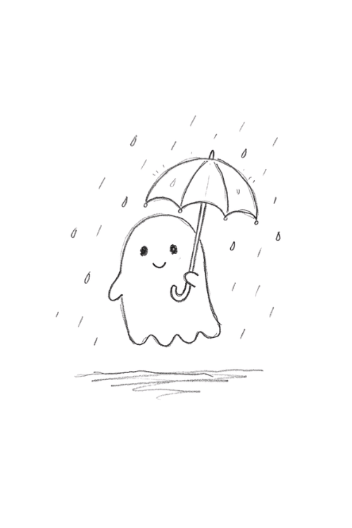 Ghost under an umbrella drawing with raindrops