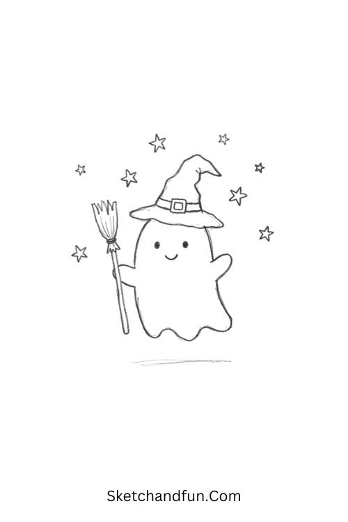 Ghost Witch Doodle Drawing with a witch hat, broom, and stars