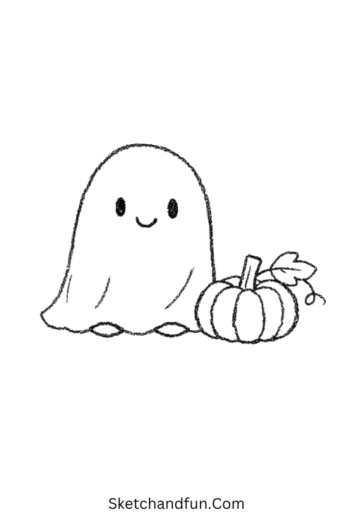 Ghost with Pumpkin Drawing featuring a cute smiling ghost