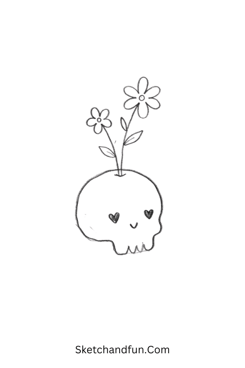 Goth Skull Flower Drawing with delicate flowers