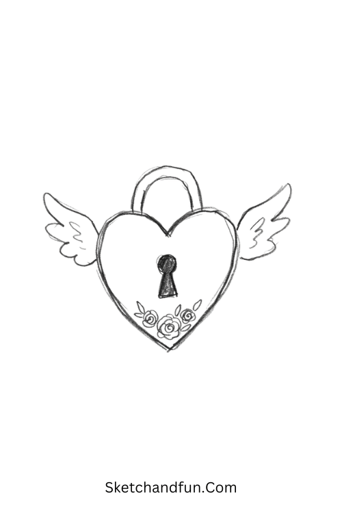 Gothic Heart Lock Drawing with wings and keyhole